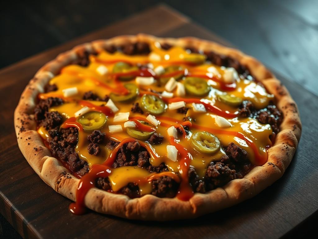 Loaded cheeseburger-style pizza with melted cheese, beef, pickles, onions and special sauce